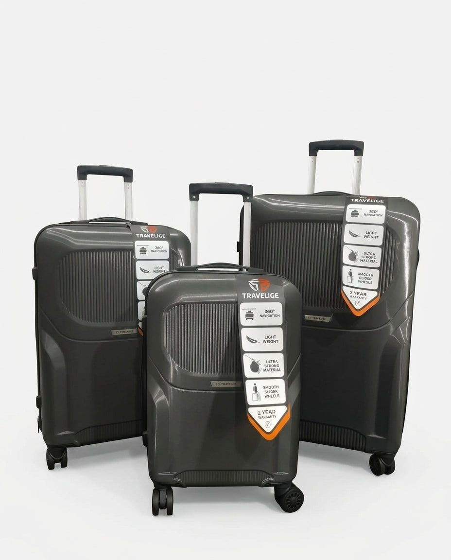 TRAVELIGE 3-Piece Luggage Set – Metallic Grey | 55cm, 68cm & 79cm