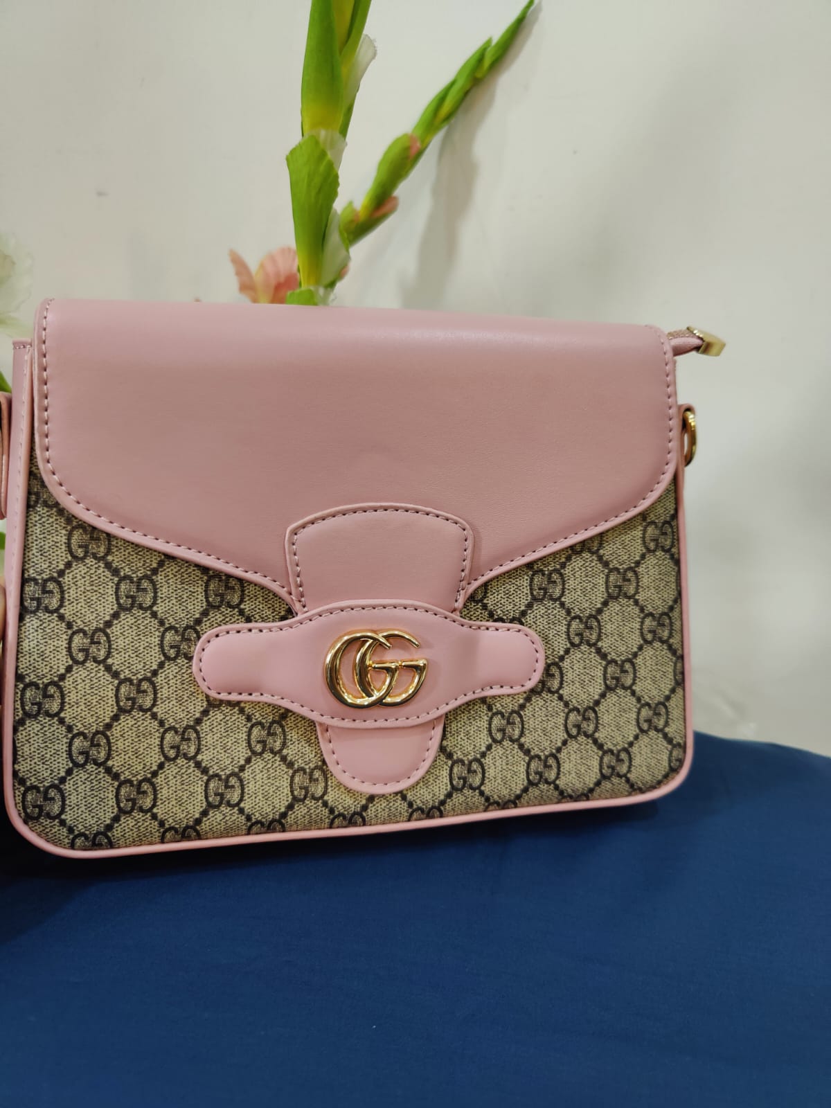 Classic Monogram Canvas Shoulder Bag with Pastel Pink Leather Trim