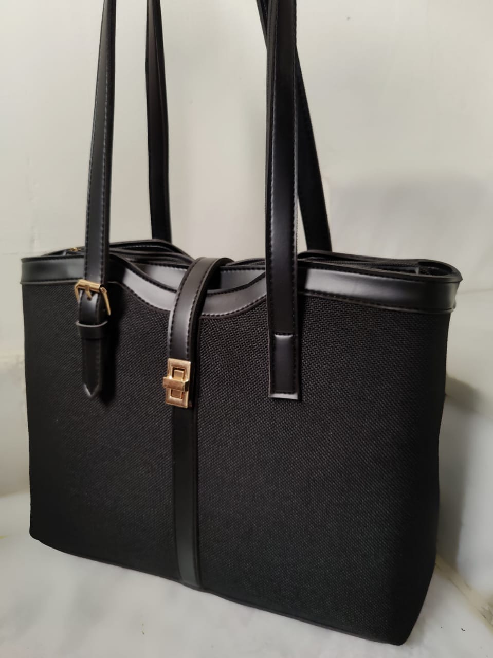 Classic Textured Canvas Everyday Tote with Faux-Leather Trim and Gold Accents