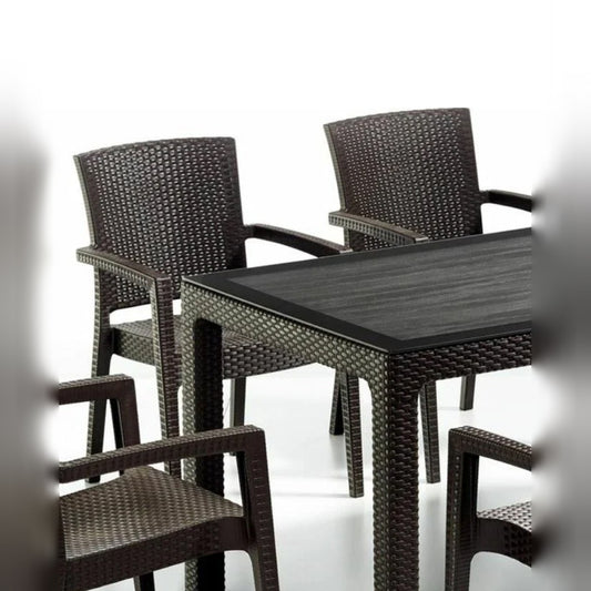 Rattan Effect Garden Furniture Set – Glass Top Dining Table 6 Stackable Chairs