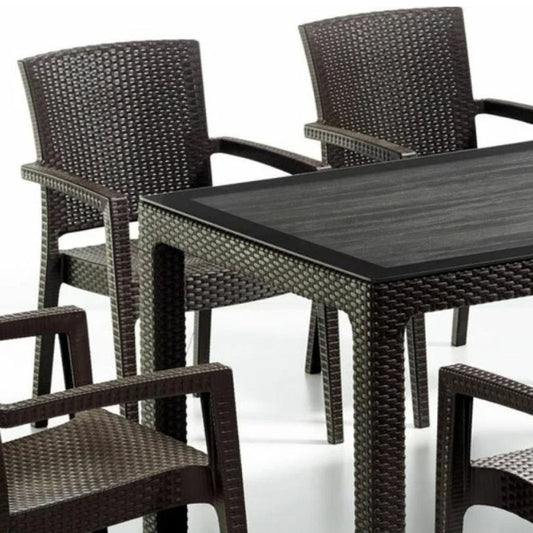 Rattan Effect Garden Furniture Set – Glass Top Dining Table 6 Stackable Chairs