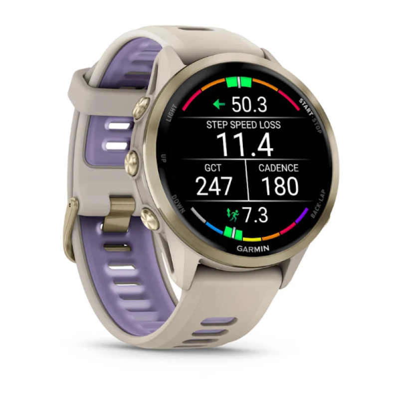 Garmin Forerunner® 970 Soft Gold Titanium with French Gray Case and French Gray/Translucent Indigo Band