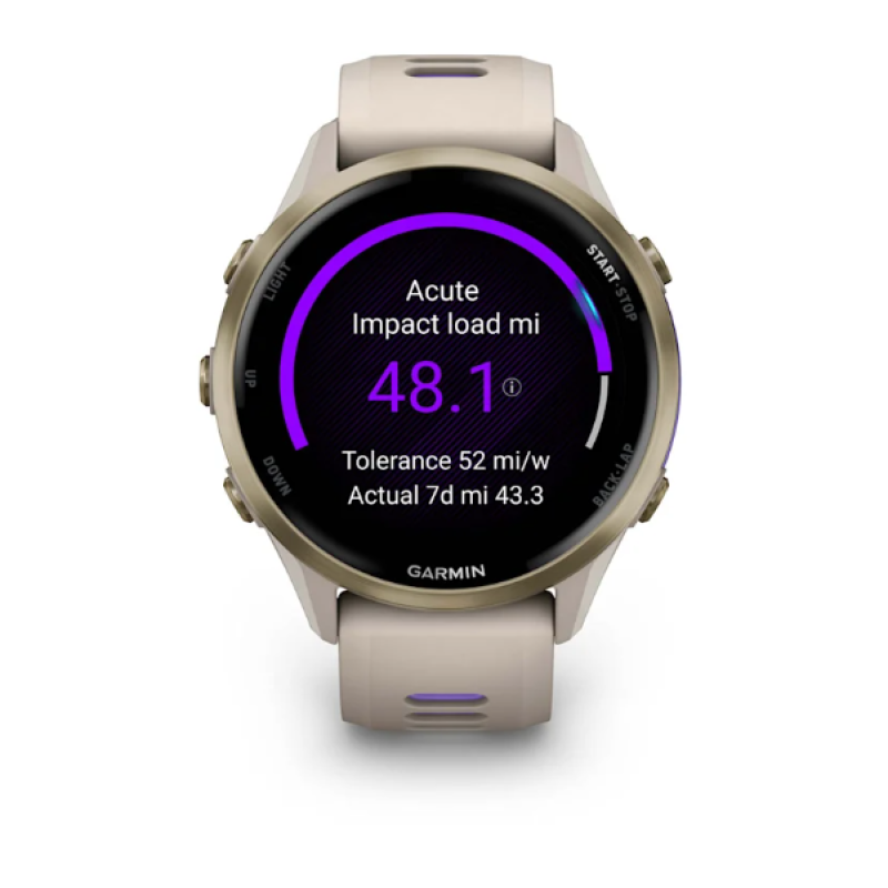 Garmin Forerunner® 970 Soft Gold Titanium with French Gray Case and French Gray/Translucent Indigo Band
