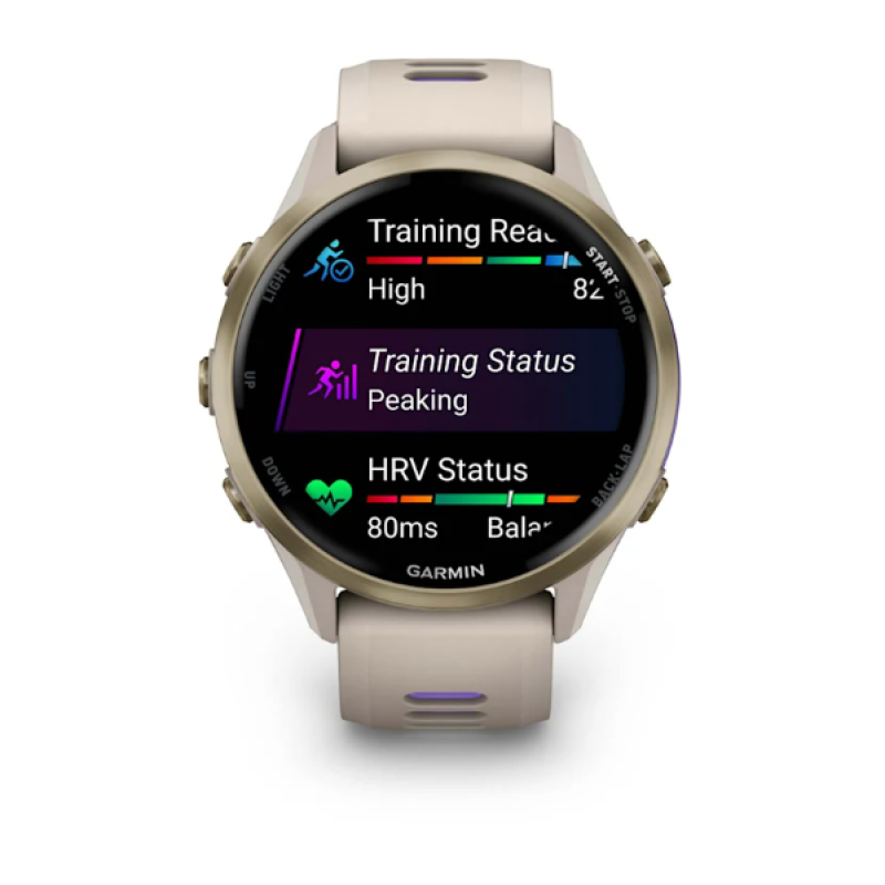 Garmin Forerunner® 970 Soft Gold Titanium with French Gray Case and French Gray/Translucent Indigo Band