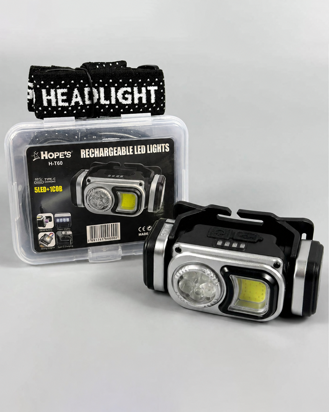 Rechargeable LED Headlamp With 5LED + COB Light | Type-C Charging Outdoor Head Torch