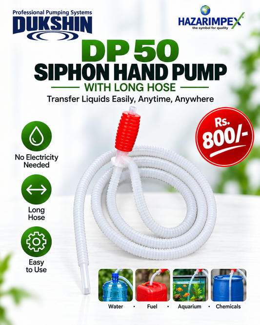 A coiled white siphon hand pump hose with a red connector, shown on a white background with promotional text, logos for Dukshin and Hazarimpex, and small usage examples for water, fuel, aquarium, and chemicals.
