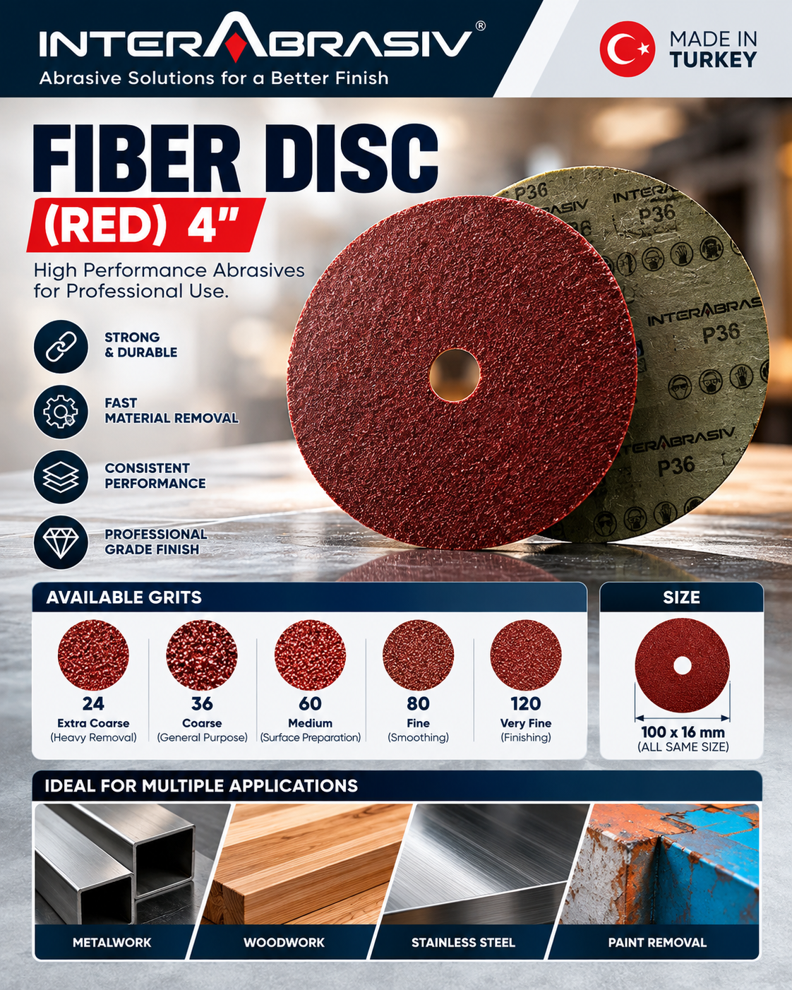 InterAbrasiv Fiber Disc 4 Inch Red – Aluminium Oxide Abrasive Disc