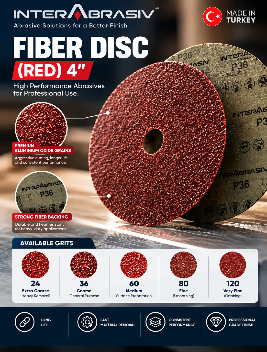 InterAbrasiv Fiber Disc 4 Inch Red – Aluminium Oxide Abrasive Disc