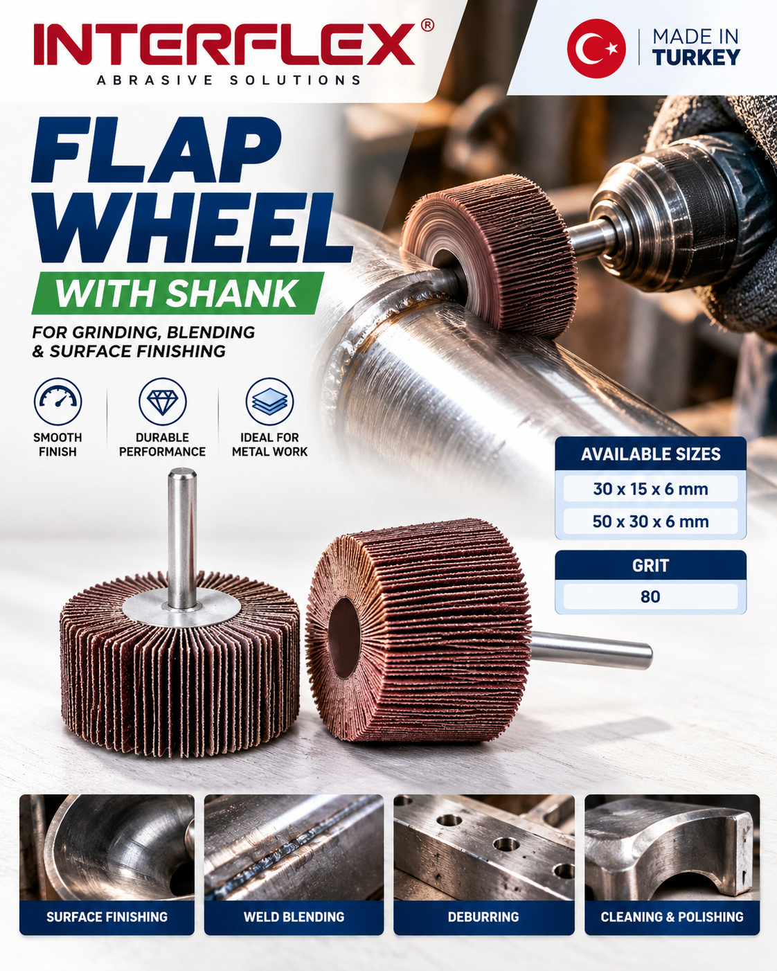 Interflex Flap Wheel with Shank – 80 Grit | 30×15×6mm & 50×30×6mm