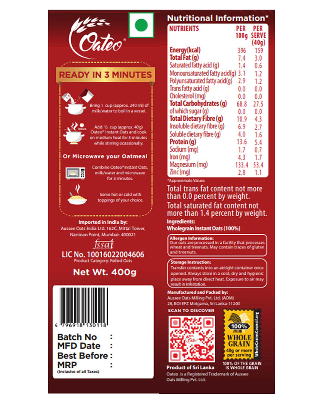 Oateo INSTANT OATS 200 Gms Pouch