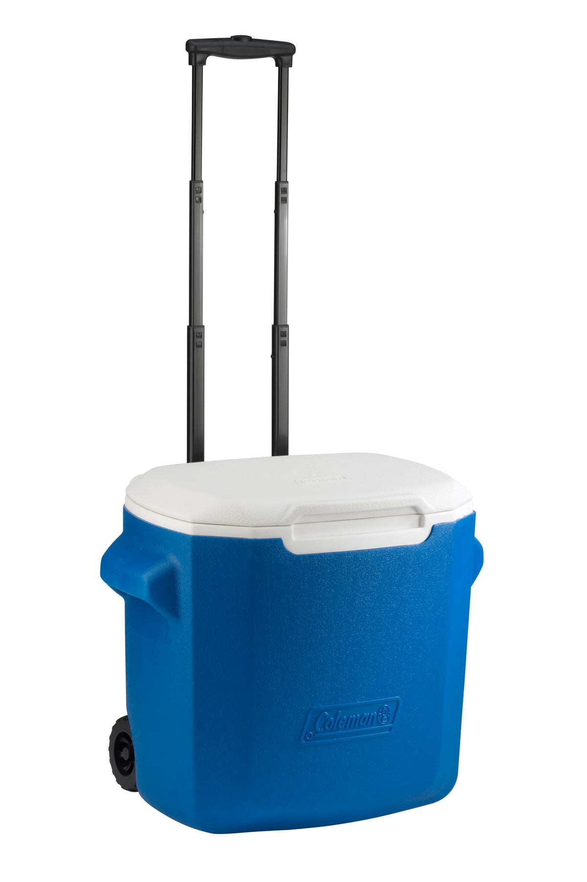 Coleman Performance 28QT wheeled cooler in blue and white with telescopic handle