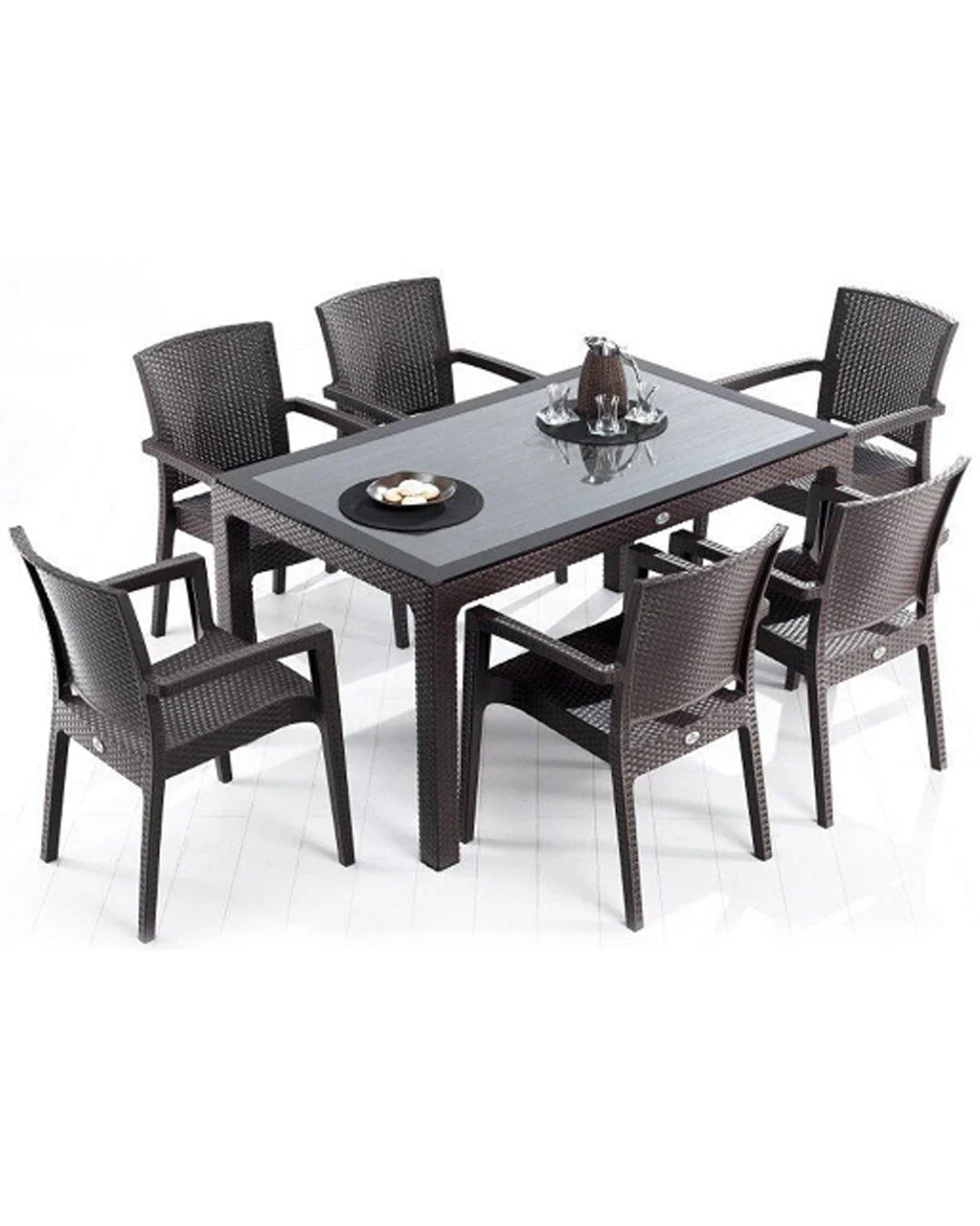 Rattan Effect Garden Furniture Set – Glass Top Dining Table 6 Stackable Chairs