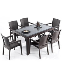 Rattan Effect Garden Furniture Set – Glass Top Dining Table 6 Stackable Chairs