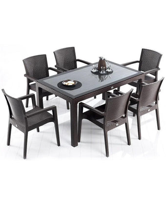 compare product Rattan Effect Garden Furniture Set – Glass Top Dining Table 6 Stackable Chairs