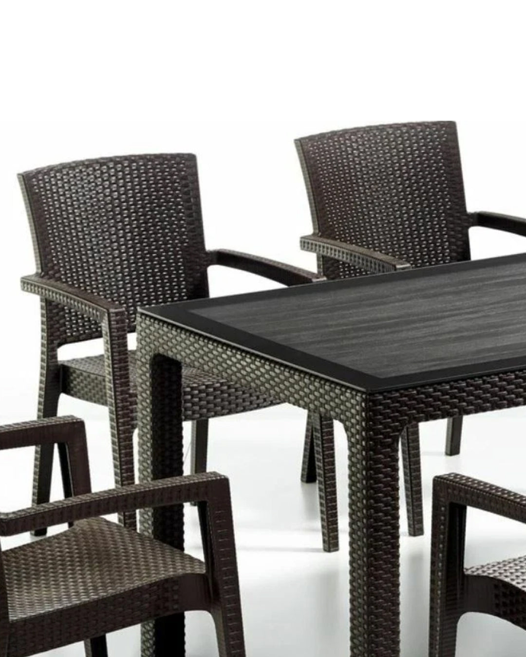 Rattan Effect Garden Furniture Set – Glass Top Dining Table 6 Stackable Chairs