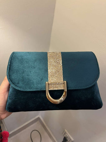 compare product Elegant Teal Velvet Evening Clutch with Crystal-Encrusted Buckle