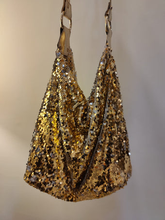 compare product Shimmering Gold Sequin Evening Bag with Metallic Gold Strap