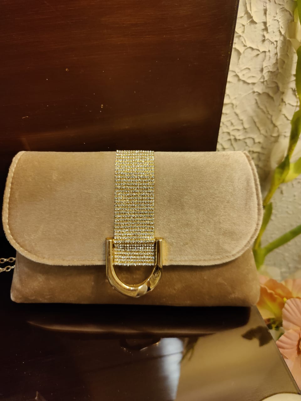 Champagne Velvet Evening Clutch with Crystal-Embellished Center Strap