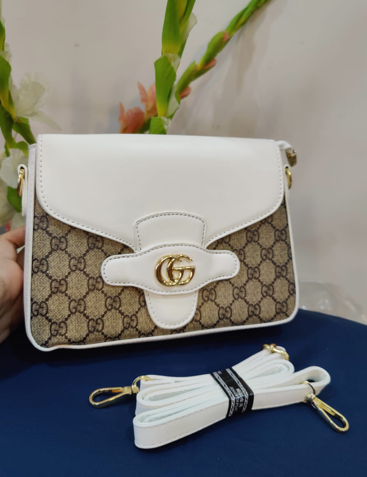 Elegant Monogram Canvas Shoulder Bag with Clean White Leather Trim