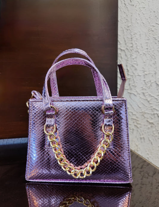 Shimmering Purple Metallic Snakeskin-Textured Mini Tote