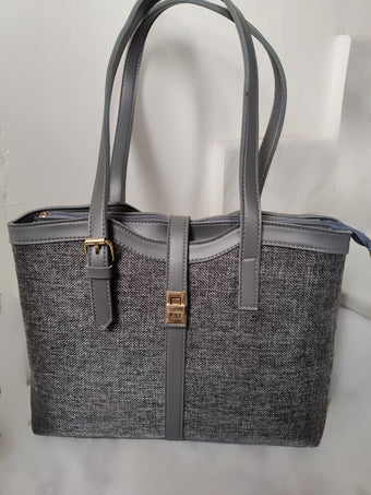 compare product Slate Grey Textured Canvas Tote with Vegan Leather Trim and Gold Hardware