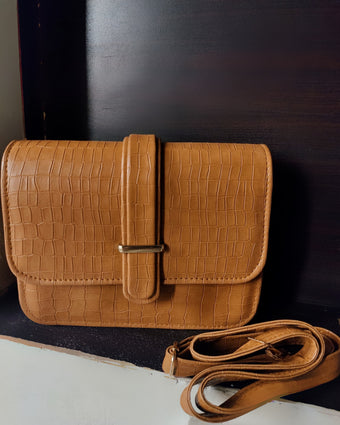 compare product Cognac Croc-Embossed Vegan Leather Crossbody Bag with Minimalist Gold Bar