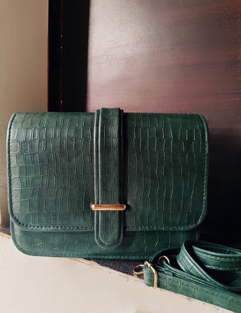 compare product Emerald Green Croc-Embossed Vegan Leather Crossbody Bag with Gold Bar Detail