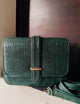 Emerald Green Croc-Embossed Vegan Leather Crossbody Bag with Gold Bar Detail