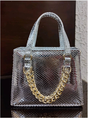 compare product Metallic Silver Snake-Embossed Mini Tote with Chunky Gold Chain Accent