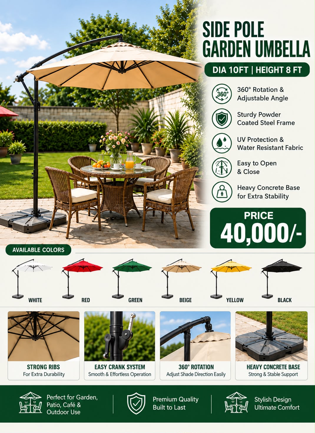 Side Pole Garden Umbrella 10ft – 360° Rotation Cantilever Patio Umbrella with Heavy Concrete Base