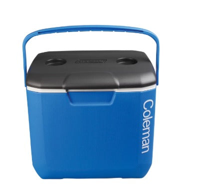 Coleman Performance Tri 30QT 28L blue and white insulated cooler with carry handle.