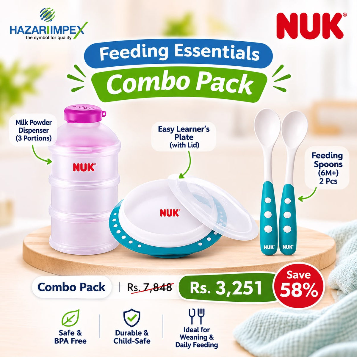 NUK Feeding Combo – Plate, 2 Spoons & Milk Dispenser