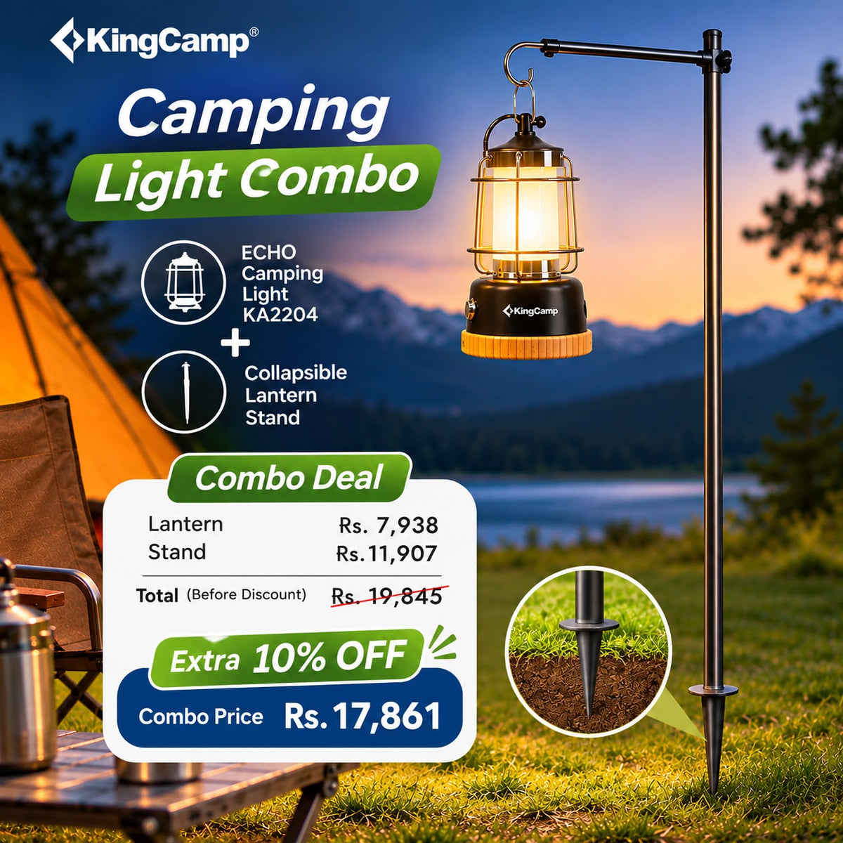 KingCamp camping light combo featuring ECHO KA2204 lantern and collapsible lantern stand for outdoor lighting.