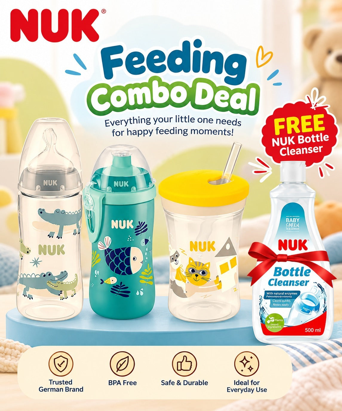 NUK Baby Feeding Combo – 3-Piece Bottle & Straw Cup Set + FREE Bottle Cleanser