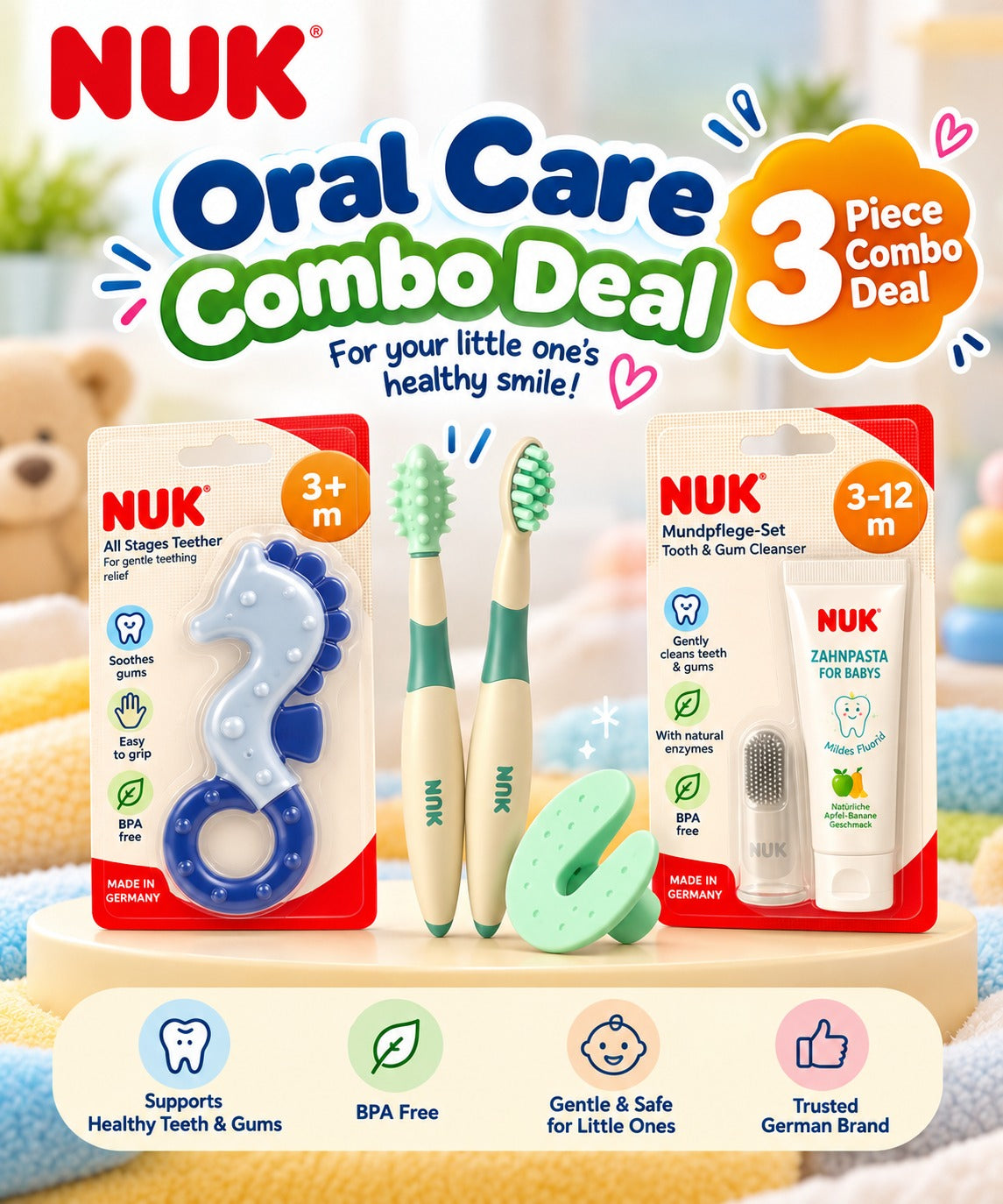 NUK 3-piece baby oral care combo featuring All Stages Teether, Tooth and Gum Cleanser Set and Training Brush Set