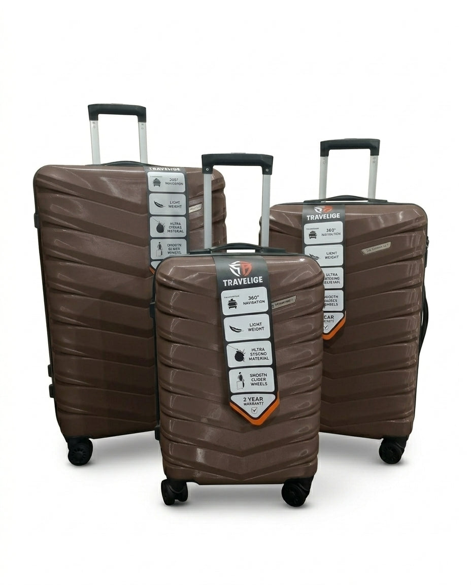 TRAVELIGE Velocity 3-Piece Luggage Set – Coffee | 55cm, 68cm & 79cm