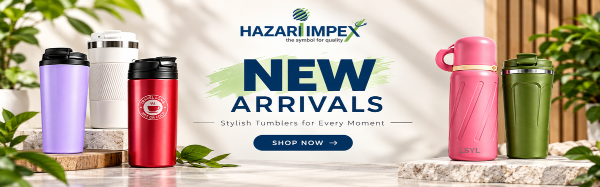 Hazari Impex logo above insulated tumblers, with the words New Arrivals