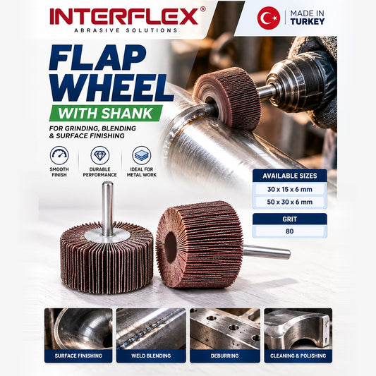 Interflex Flap Wheel with Shank – 80 Grit | 30×15×6mm & 50×30×6mm