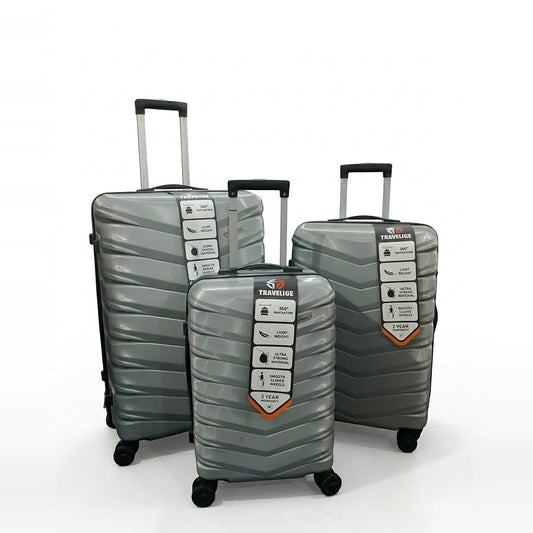 TRAVELIGE Velocity 3-Piece Luggage Set – Silver | 55cm, 68cm & 79cm