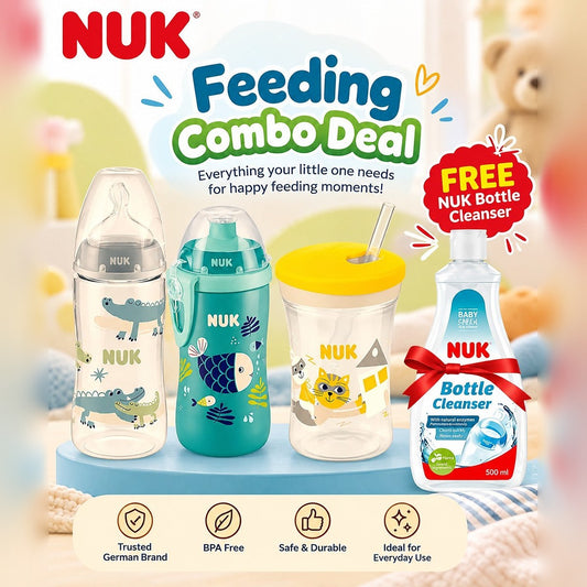 NUK Baby Feeding Combo – 3-Piece Bottle & Straw Cup Set + FREE Bottle Cleanser