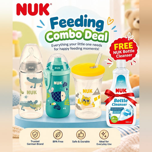 NUK Baby Feeding Combo – 3-Piece Bottle & Straw Cup Set + FREE Bottle Cleanser