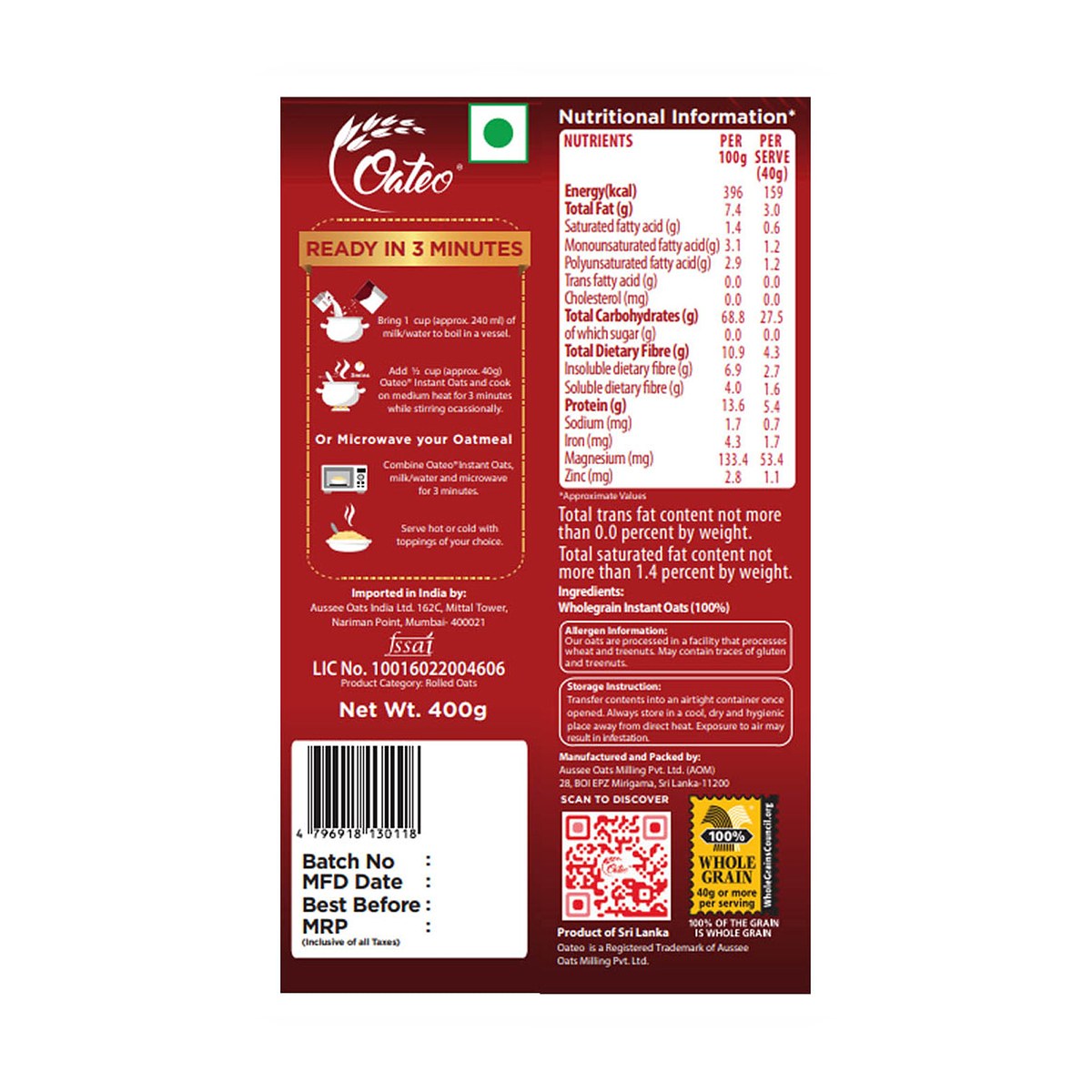 Oateo INSTANT OATS 200 Gms Pouch