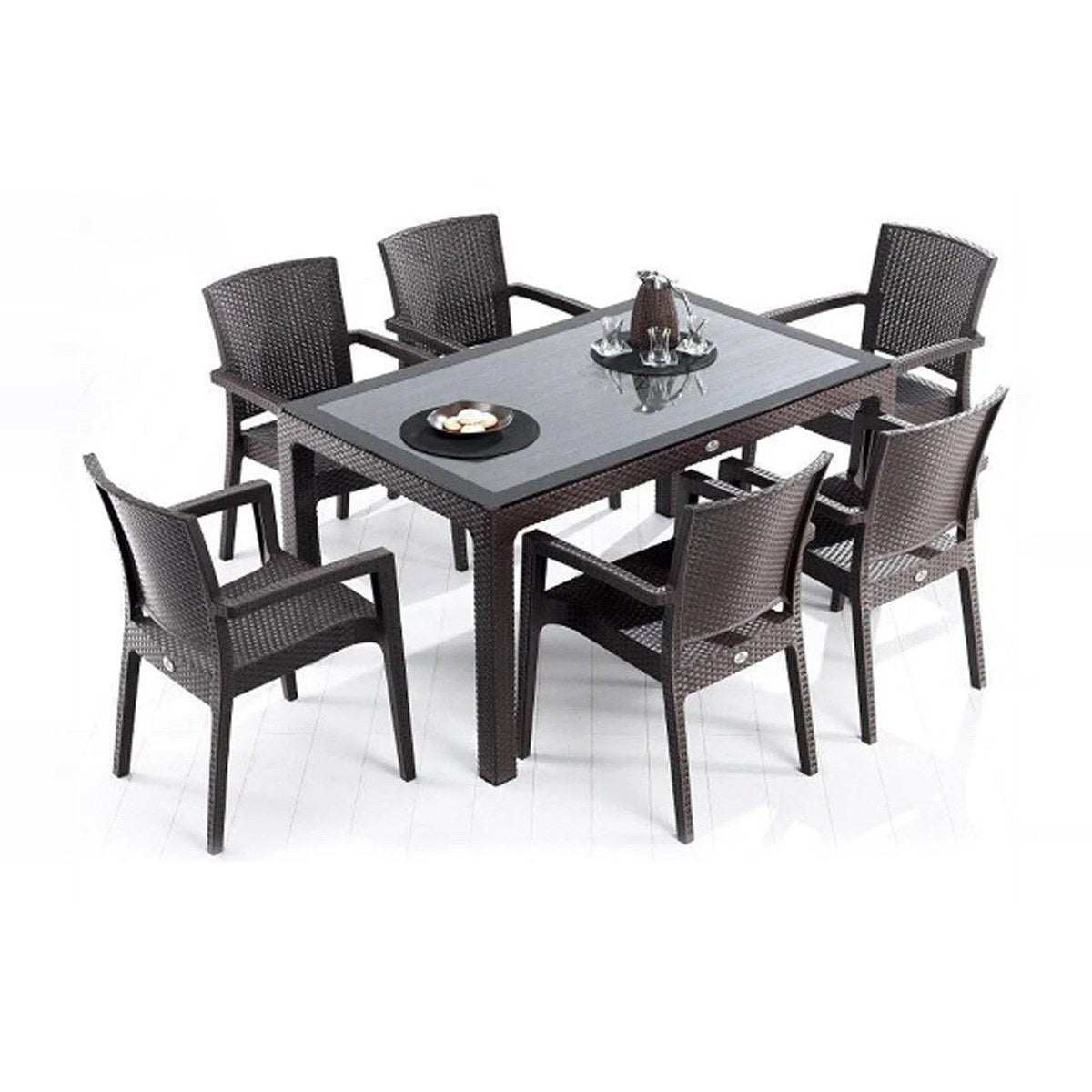 Rattan Effect Garden Furniture Set – Glass Top Dining Table 6 Stackable Chairs