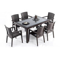 Rattan Effect Garden Furniture Set – Glass Top Dining Table 6 Stackable Chairs