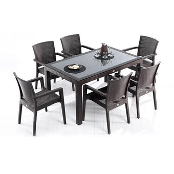 compare product Rattan Effect Garden Furniture Set – Glass Top Dining Table 6 Stackable Chairs