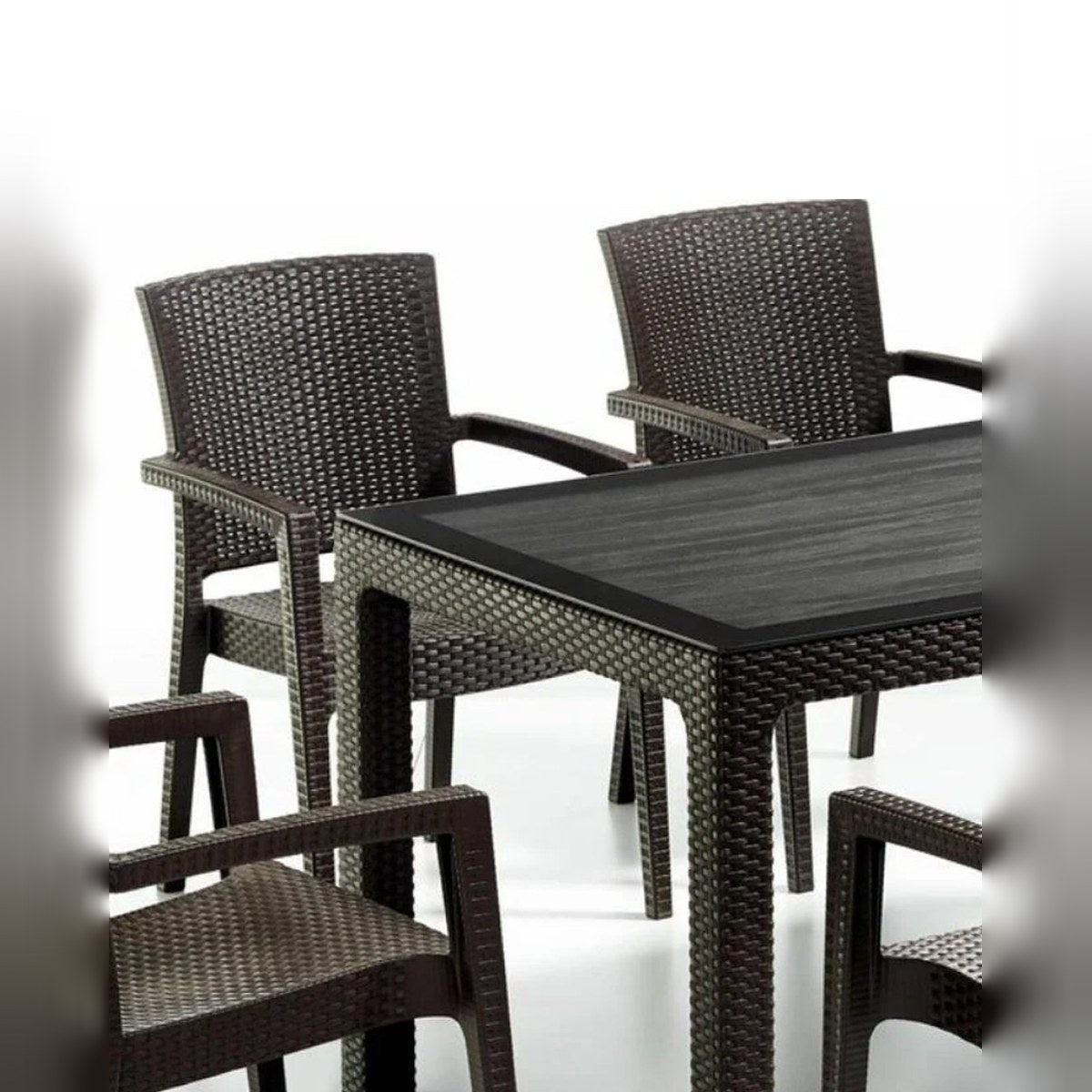 Rattan Effect Garden Furniture Set – Glass Top Dining Table 6 Stackable Chairs