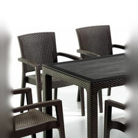 Rattan Effect Garden Furniture Set – Glass Top Dining Table 6 Stackable Chairs
