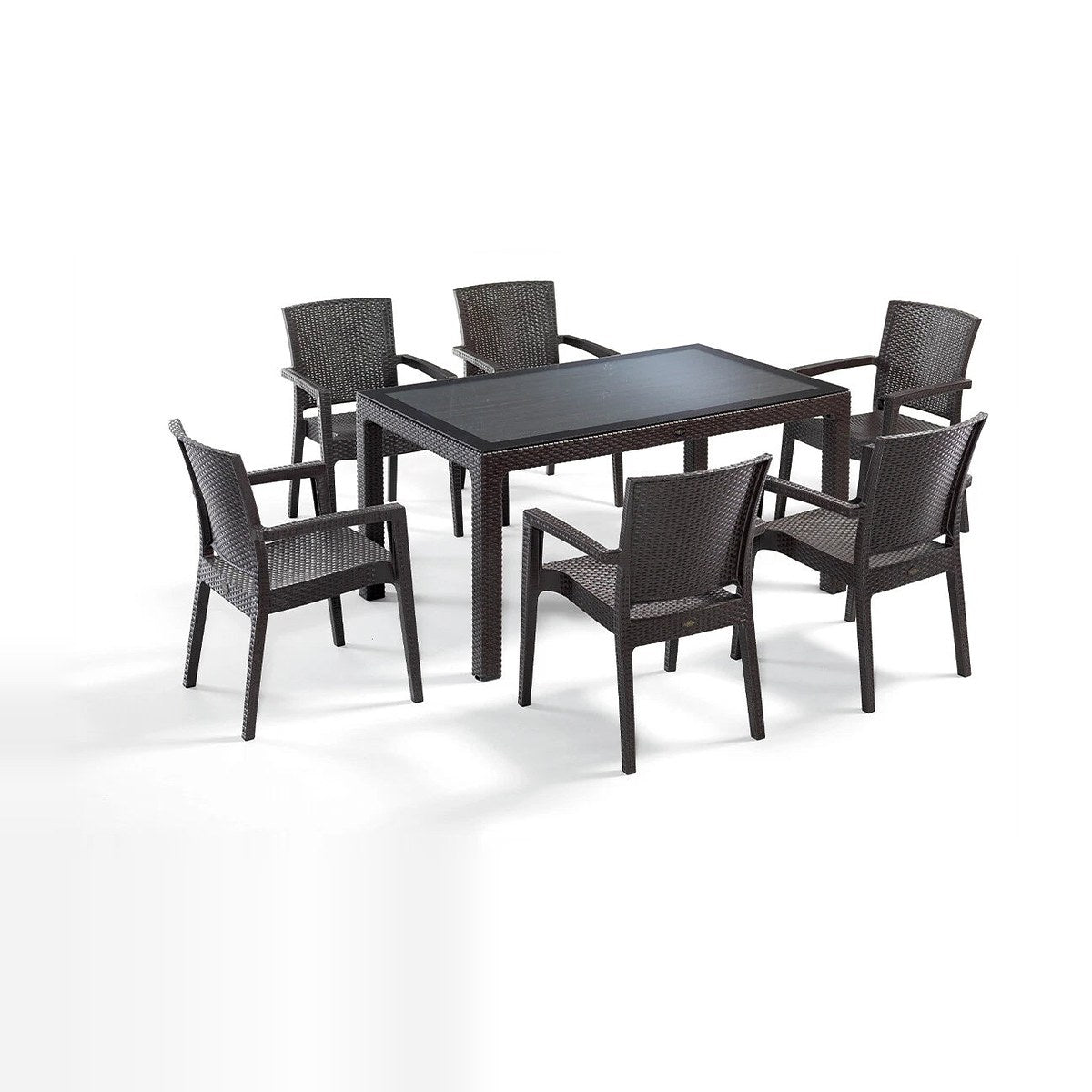 Rattan Effect Garden Furniture Set – Glass Top Dining Table 6 Stackable Chairs