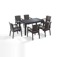 Rattan Effect Garden Furniture Set – Glass Top Dining Table 6 Stackable Chairs