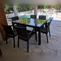 Rattan Effect Garden Furniture Set – Glass Top Dining Table 6 Stackable Chairs